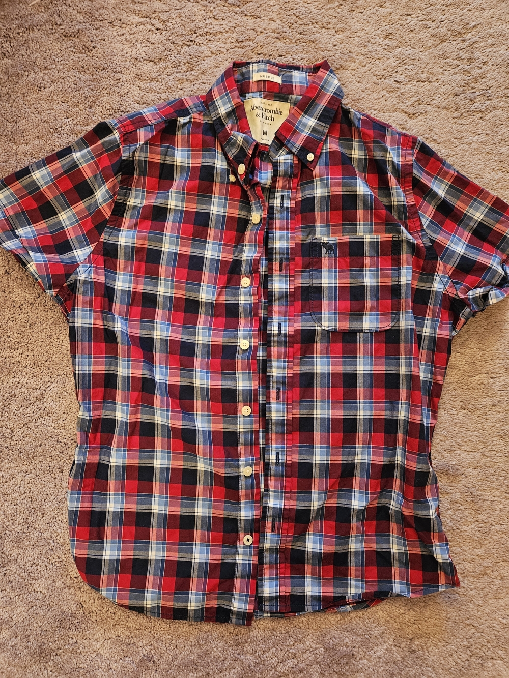 Abercrombie & Fitch Red, Navy & White Plaid Short-Sleeve Button-Down Shirt